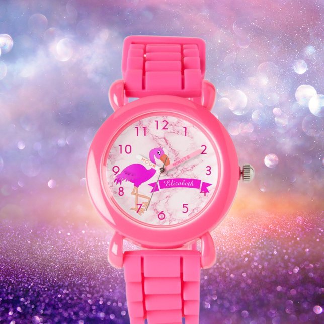 Tropisch roze flamingo marmer monogram horloge (Creator heeft geüpload)