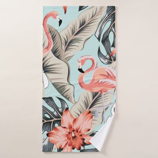Tropisch roze flamingo met orchidee bloemen en lea badhanddoek (Badhanddoek)