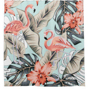 Tropisch roze flamingo met orchidee bloemen en lea douchegordijn
