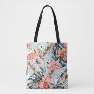 Tropisch roze flamingo met orchidee bloemen en lea tote bag