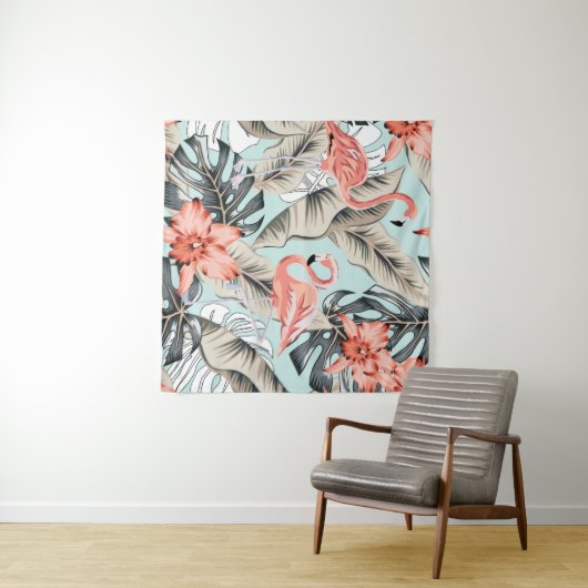 Tropisch roze flamingo met orchidee bloemen en lea wandkleed (In Situ (horizontaal))