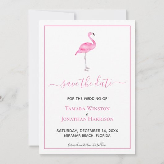 Tropisch Roze Flamingo Modern Strand Bruiloft Save The Date (Voorkant)