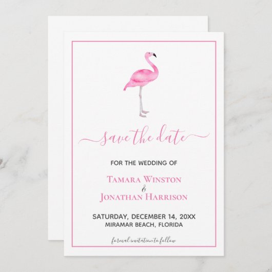 Tropisch Roze Flamingo Modern Strand Bruiloft Save The Date (Voorkant / Achterkant)
