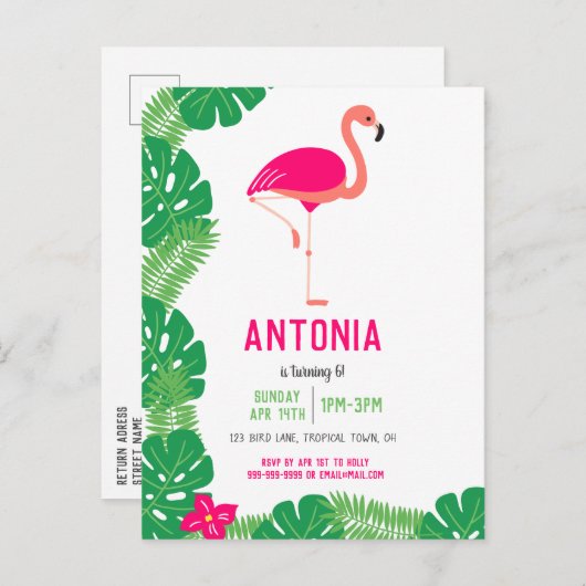 Tropisch Roze Flamingo Mooie Verjaardag Uitnodiging Briefkaart (Voorkant / Achterkant)