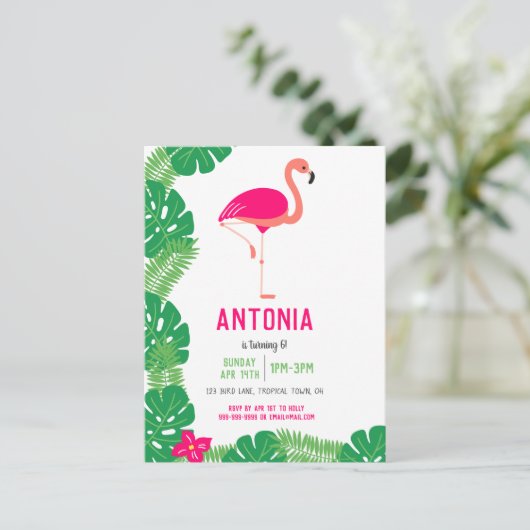 Tropisch Roze Flamingo Mooie Verjaardag Uitnodiging Briefkaart (Staand voorkant)