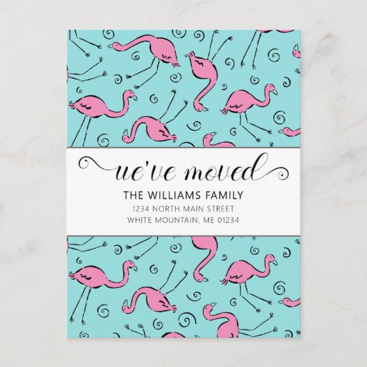 Tropisch roze flamingo op Aqua Moving Aankondigingskaart (Voorkant)