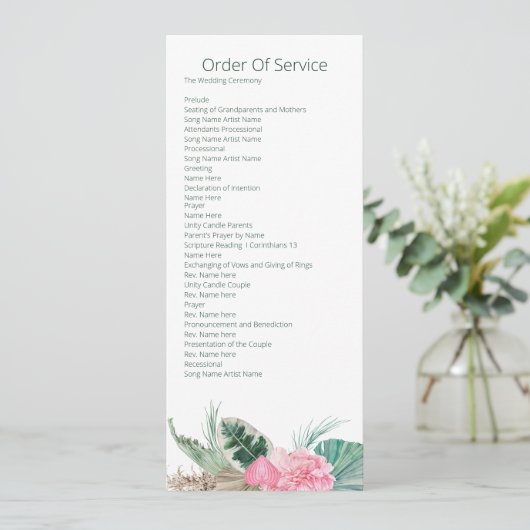 Tropisch Roze Flamingo Orde van de Dienst Wedding Kaart (Staand voorkant)