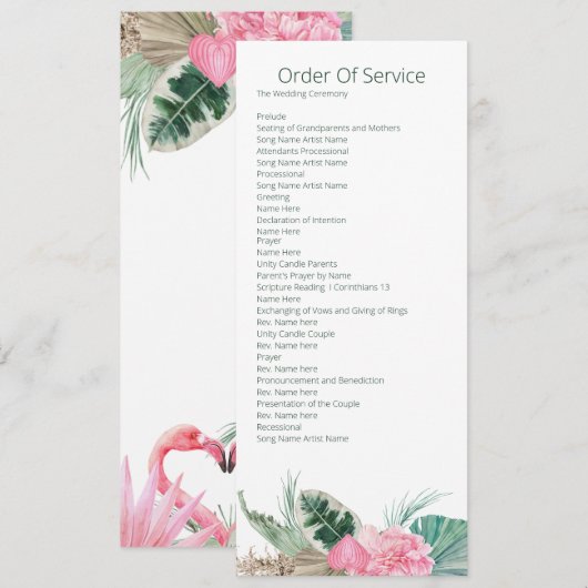 Tropisch Roze Flamingo Orde van de Dienst Wedding Kaart (Voorkant / Achterkant)