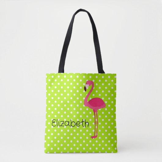 Tropisch roze flamingo over groene witte pooldots tote bag (Voorkant)
