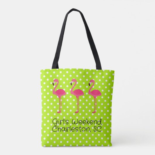 Tropisch roze flamingo over groene witte pooldots tote bag (Achterkant)