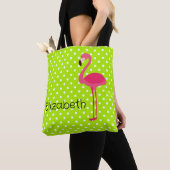 Tropisch roze flamingo over groene witte pooldots tote bag (Dichtbij)