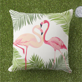 Tropisch Roze Flamingo Paar Palmblad Buitenkussen