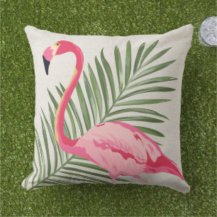 Tropisch Roze Flamingo Palm Beige Linnen Buitenkussen