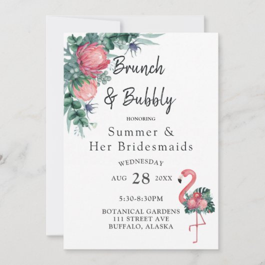 Tropisch roze Flamingo Peony Brunch en Bubble Kaart (Voorkant)