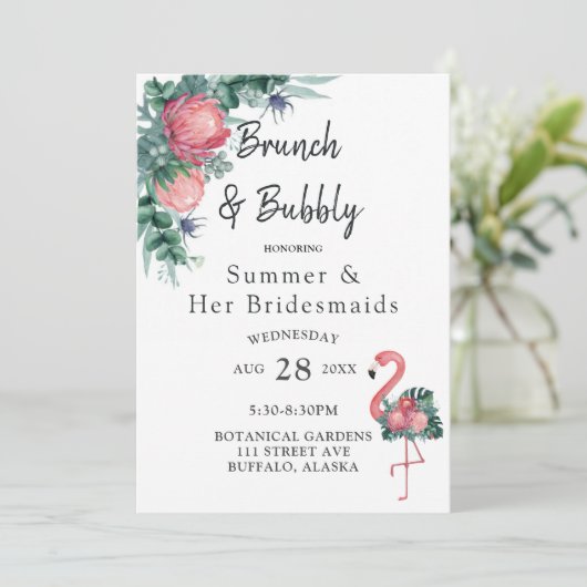 Tropisch roze Flamingo Peony Brunch en Bubble Kaart (Staand voorkant)