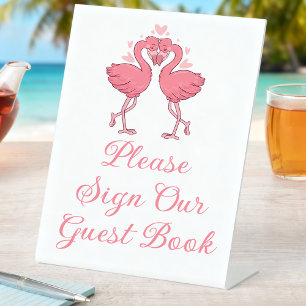 Tropisch roze flamingo strand bruiloft gast boek reclamebord met voetstuk