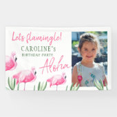 Tropisch roze flamingo strand verjaardagsfeestje spandoek (Horizontaal)