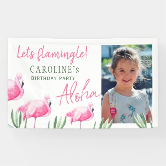 Tropisch roze flamingo strand verjaardagsfeestje spandoek (Horizontaal)