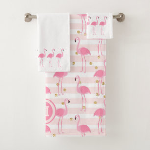 Tropisch roze flamingo Stripe Monogram Bad Handdoek