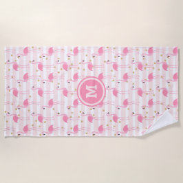 Tropisch Roze Flamingo Stripe Patroon Monogram Strandlaken
