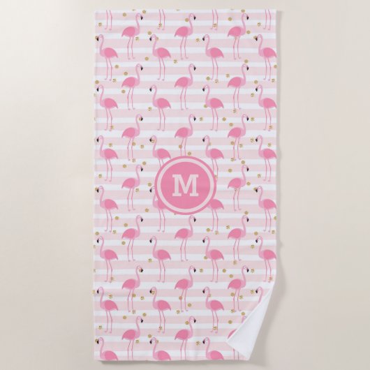 Tropisch Roze Flamingo Stripe Patroon Monogram Strandlaken (Voorkant)