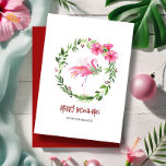Tropisch Roze Flamingo Wenskaart voor Kerst Feestdagenkaart<br><div class="desc">Stuur warme wensen vanaf de kust met deze strand kerstkaarten met een grillige roze flamingo omringd door een feestelijke krans van tropische hibiscus bloemen. Dit unieke wenskaart voor de kerstdagen toont levendige waterverf kunstwerken en de vrolijke zin "Merry Beach-mas" in leuke, strandachtige typografie - ideaal om de sfeer van een...</div>