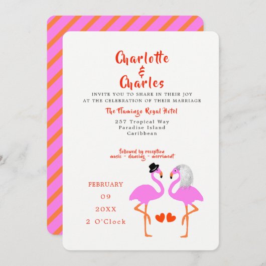 Tropisch roze flamingos Fun Modern Wedding Invite Kaart (Voorkant / Achterkant)