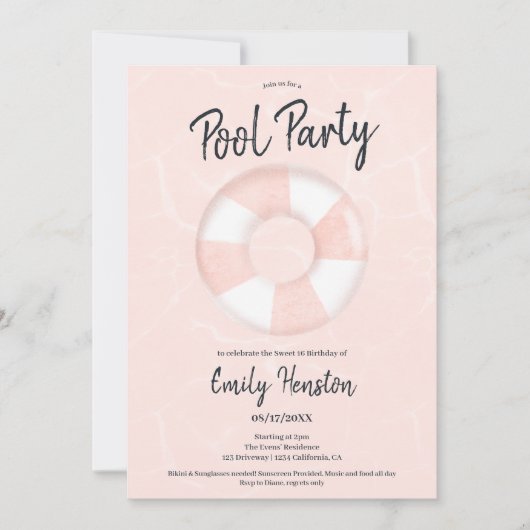 Tropisch roze floater zwembad party Sweet 16 Kaart (Voorkant)
