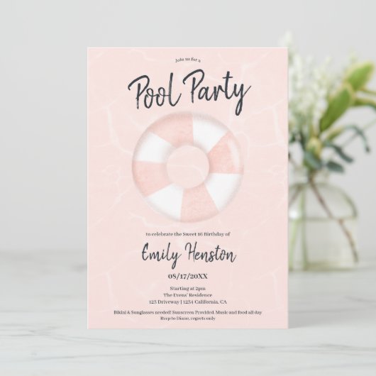 Tropisch roze floater zwembad party Sweet 16 Kaart (Staand voorkant)