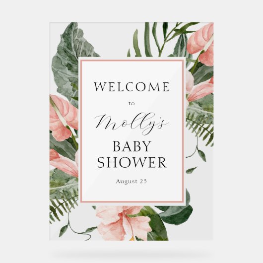 Tropisch roze Floral Baby shower Welkom Acryl Bord (Voorkant)