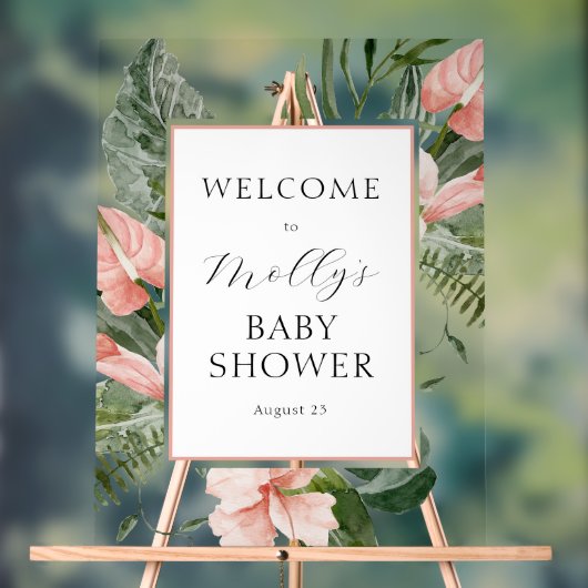 Tropisch roze Floral Baby shower Welkom Acryl Bord (Neutraal)