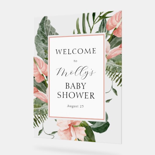Tropisch roze Floral Baby shower Welkom Acryl Bord (Hoek)