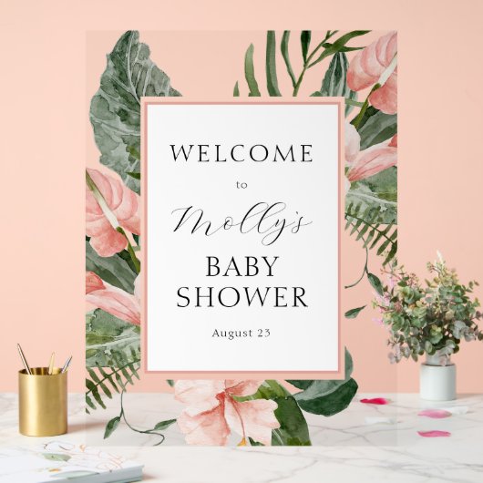 Tropisch roze Floral Baby shower Welkom Acryl Bord (Huwelijk)