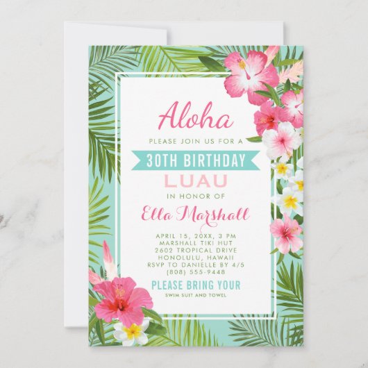 Tropisch roze Floral Birthday Luau Party Kaart (Voorkant)
