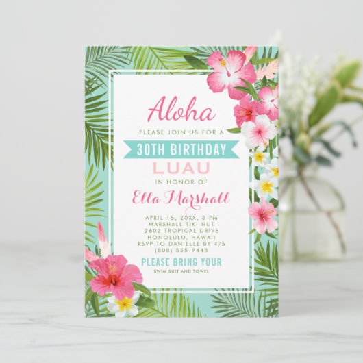 Tropisch roze Floral Birthday Luau Party Kaart (Staand voorkant)
