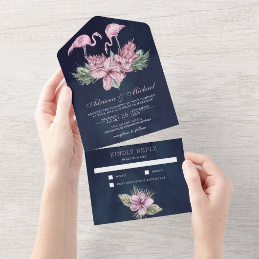 Tropisch roze Floral Flamingo Navy Blue Wedding All In One Uitnodiging (Afscheurbaar)