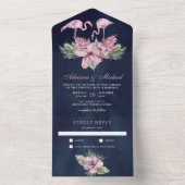 Tropisch roze Floral Flamingo Navy Blue Wedding All In One Uitnodiging (Binnen)