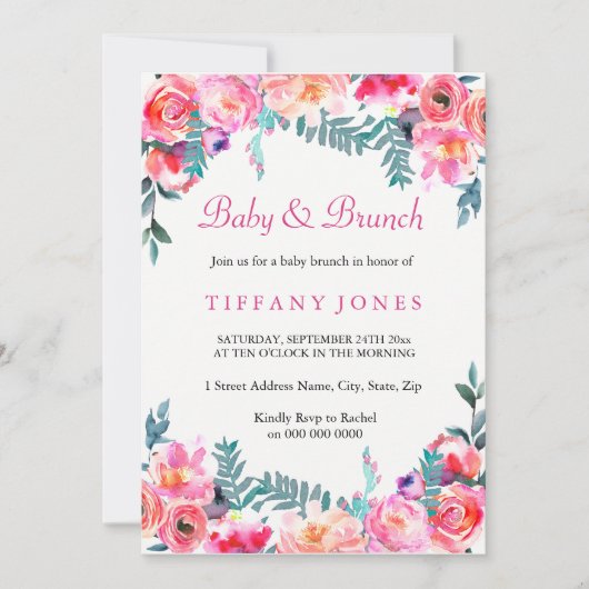 Tropisch roze Floral Waterverf Baby Brunch Kaart (Voorkant)