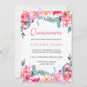 Tropisch roze Floral Waterverf Quinceanera nodigt  Kaart