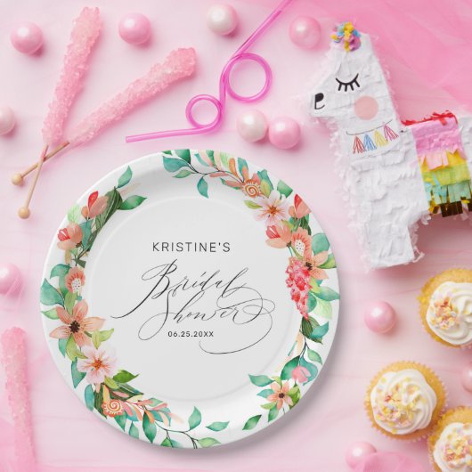 Tropisch roze Floral Waterverf Vrijgezellenfeest Papieren Bordje (Feest)