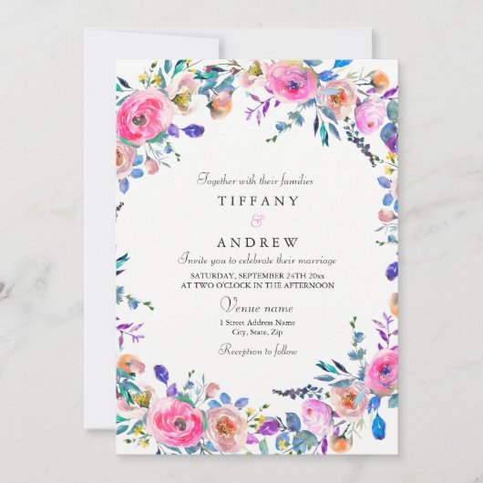 Tropisch roze Floral Waterverf Wedding Invite Kaart (Voorkant)