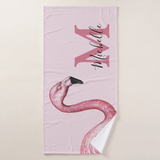Tropisch Roze Gepersonaliseerd Monogram Flamingo Badhanddoek (Badhanddoek)