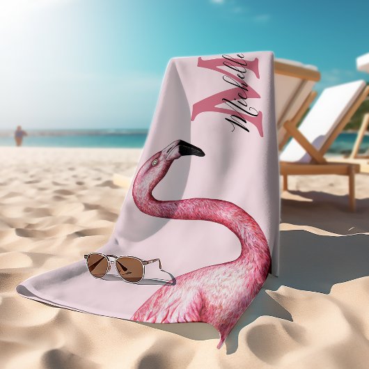 Tropisch Roze Gepersonaliseerd Monogram Flamingo Badhanddoek
