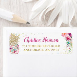 Tropisch Roze Gold Pineapple Floral Return Address Etiket