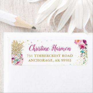 Tropisch Roze Gold Pineapple Floral Return Address Etiket