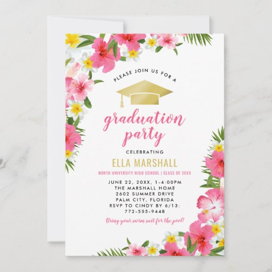 Tropisch roze goud Hibiscus Flowers Afstuderen Kaart (Voorkant)