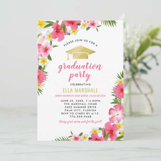 Tropisch roze goud Hibiscus Flowers Afstuderen Kaart (Staand voorkant)