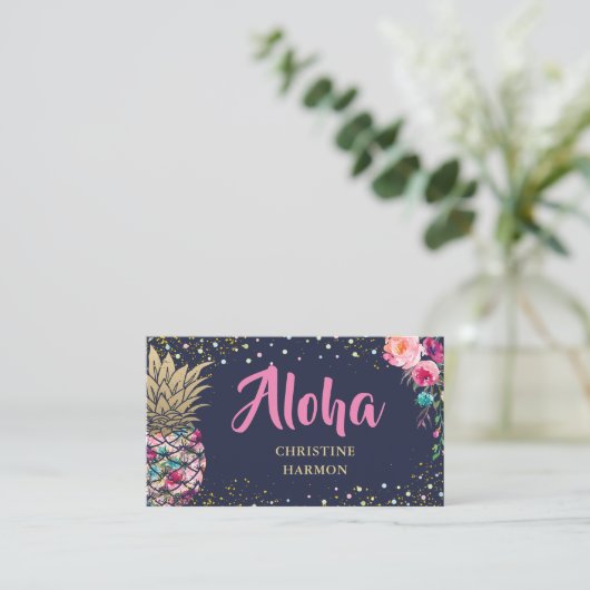 Tropisch roze goudanananas Floral Navy Blue Visitekaartje (Staand voorkant)