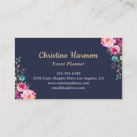 Tropisch roze goudanananas Floral Navy Blue Visitekaartje (Achterkant)