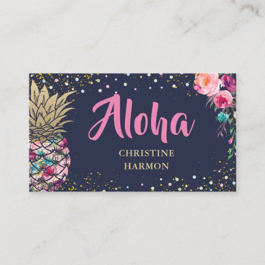 Tropisch roze goudanananas Floral Navy Blue Visitekaartje (Voorkant)